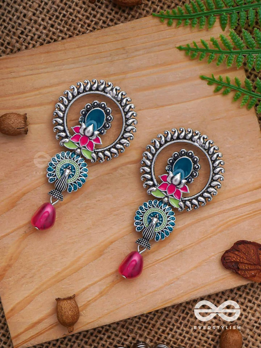 The Peacock Nelumbos - Enamelled Oxidised Jodhpuri Jhumkas