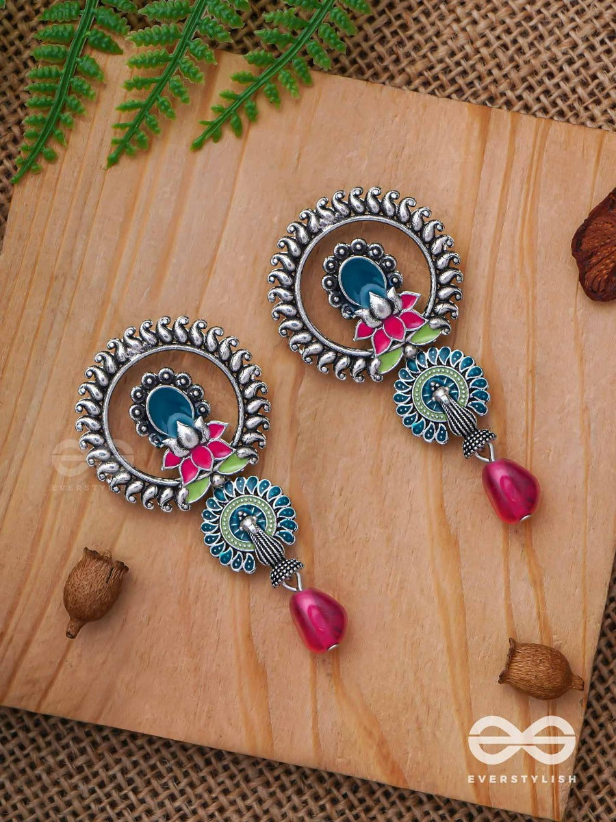 The Peacock Nelumbos - Enamelled Oxidised Jodhpuri Jhumkas