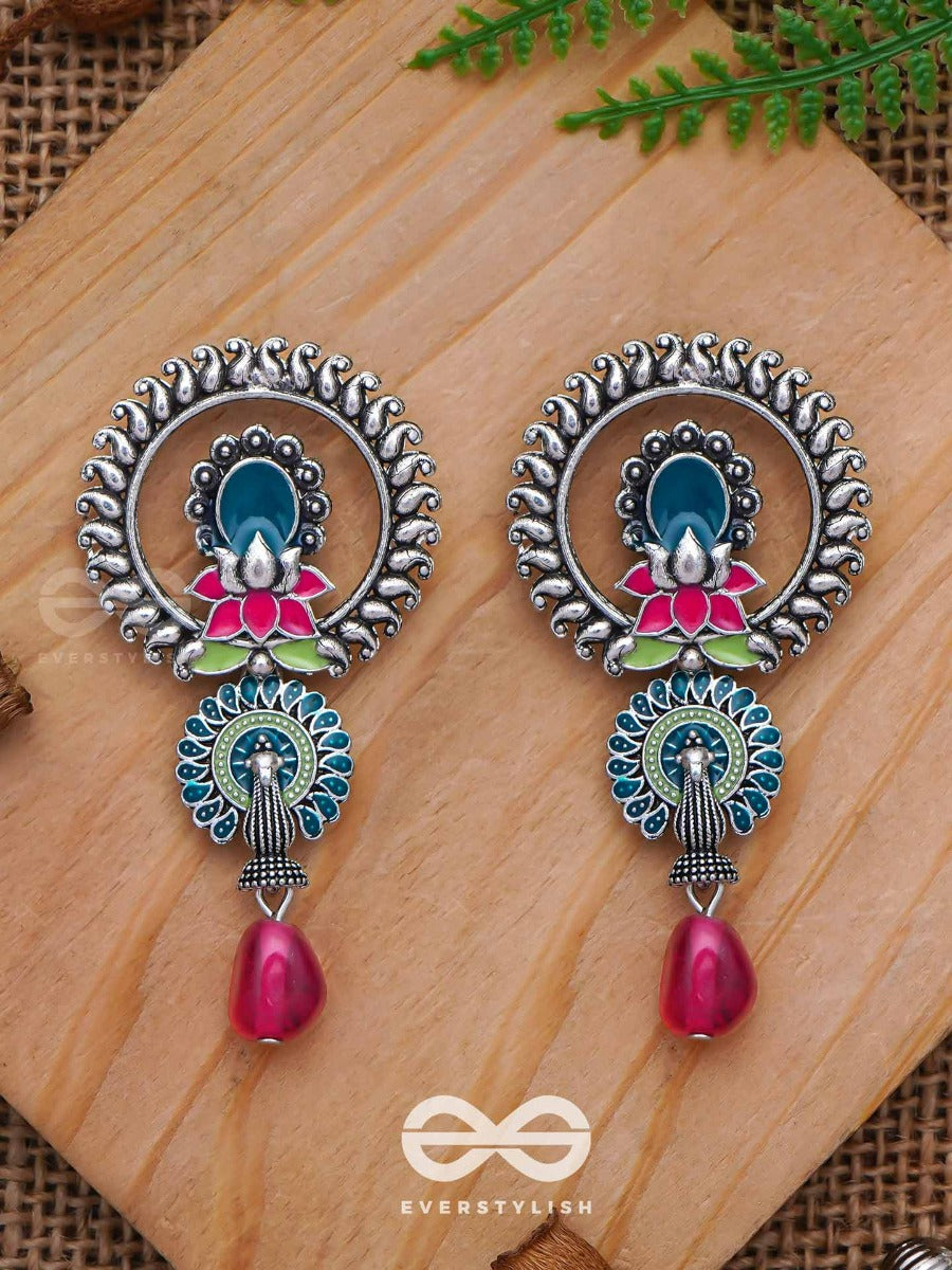 The Peacock Nelumbos - Enamelled Oxidised Jodhpuri Jhumkas