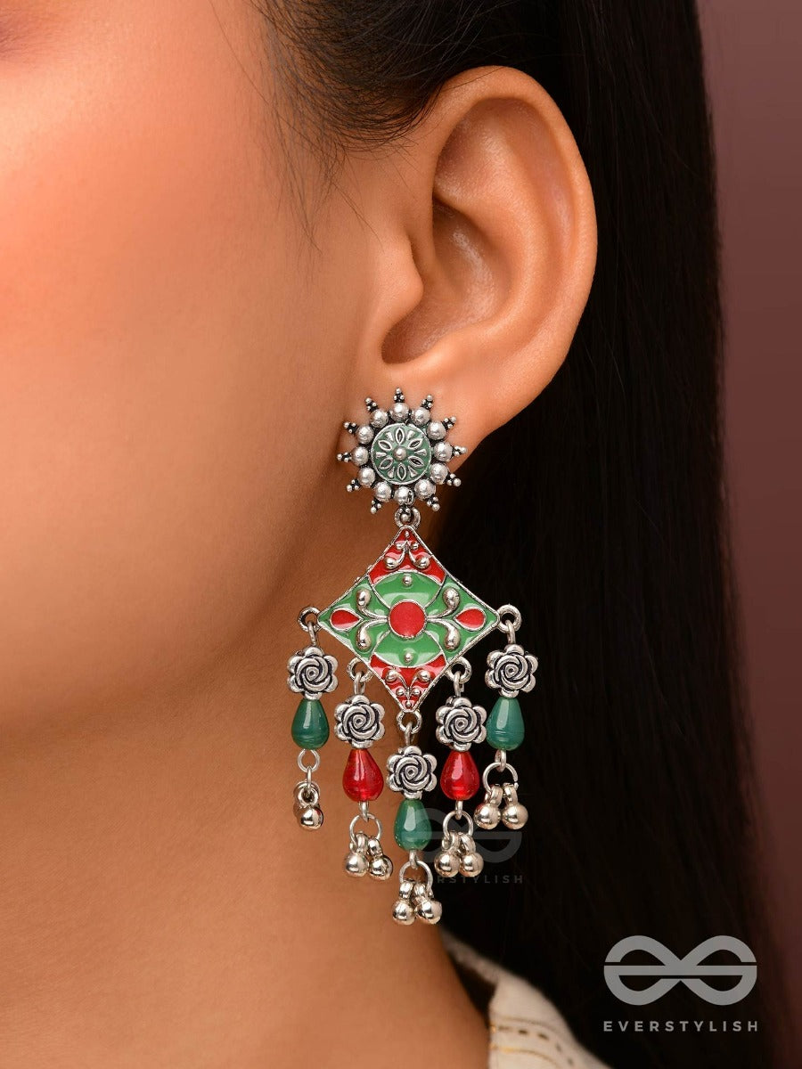 The Floral Hues - Enamelled Oxidised Jodhpuri Jhumkas