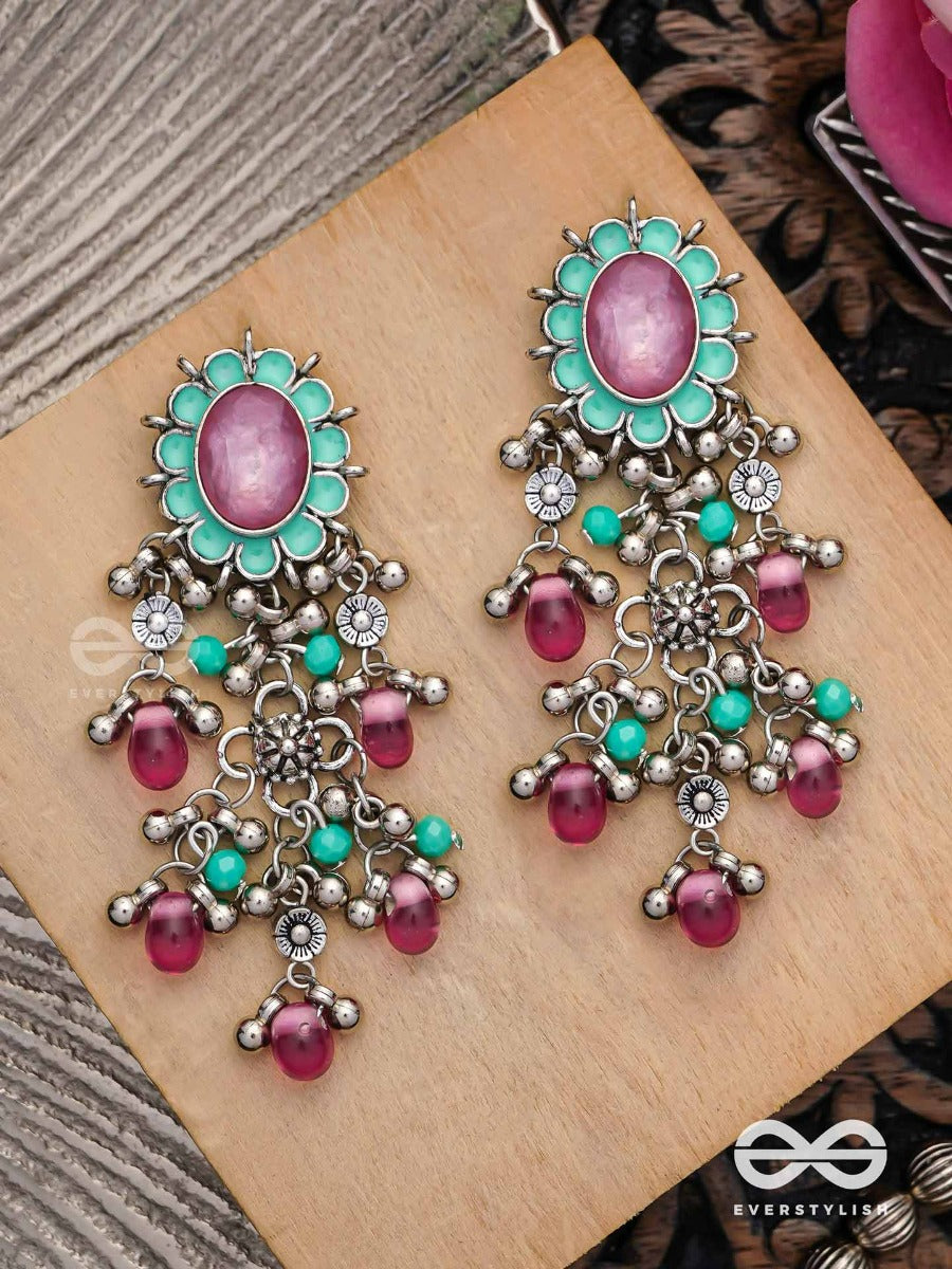 The Rosy Mist - Enamelled Oxidised Jodhpuri Jhumkas