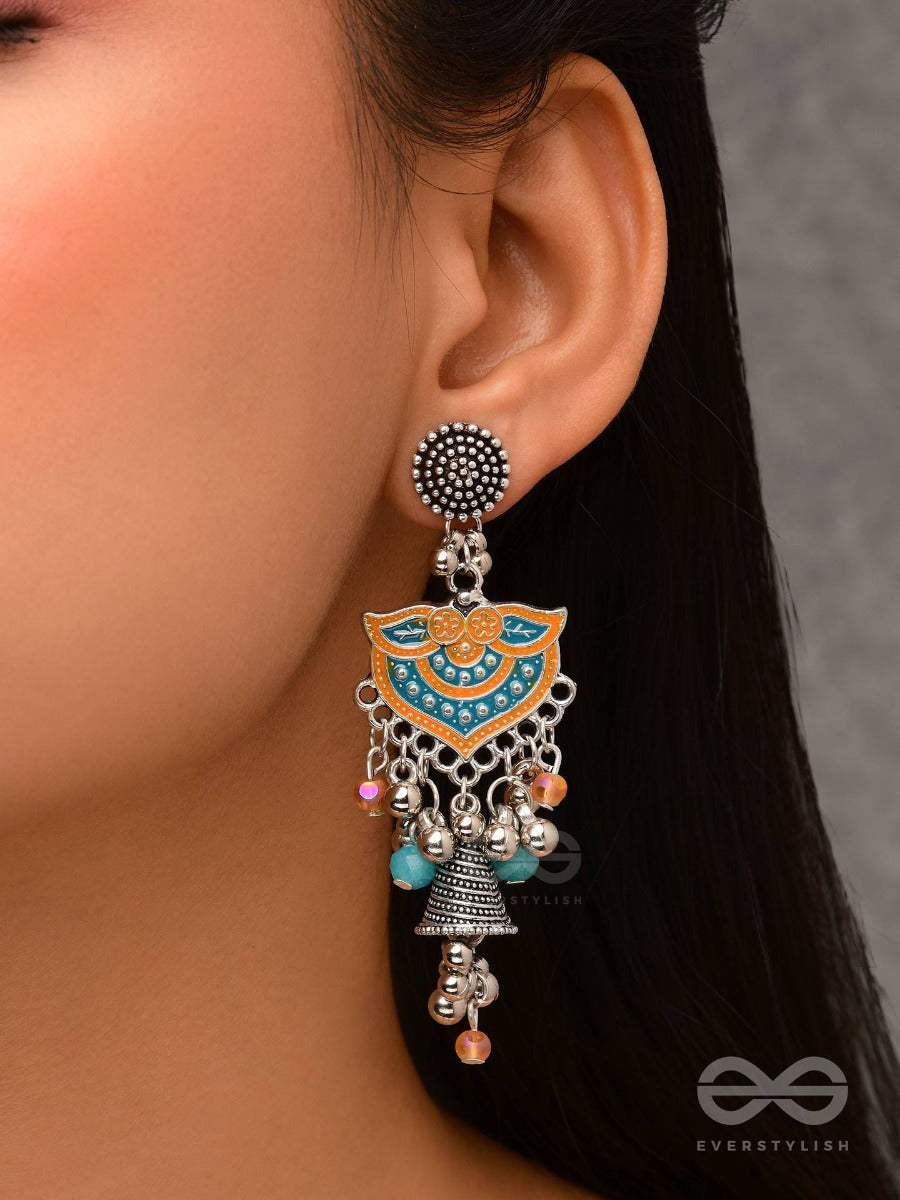 The Sunset Bells - Enamelled Oxidised Jodhpuri Jhumkas