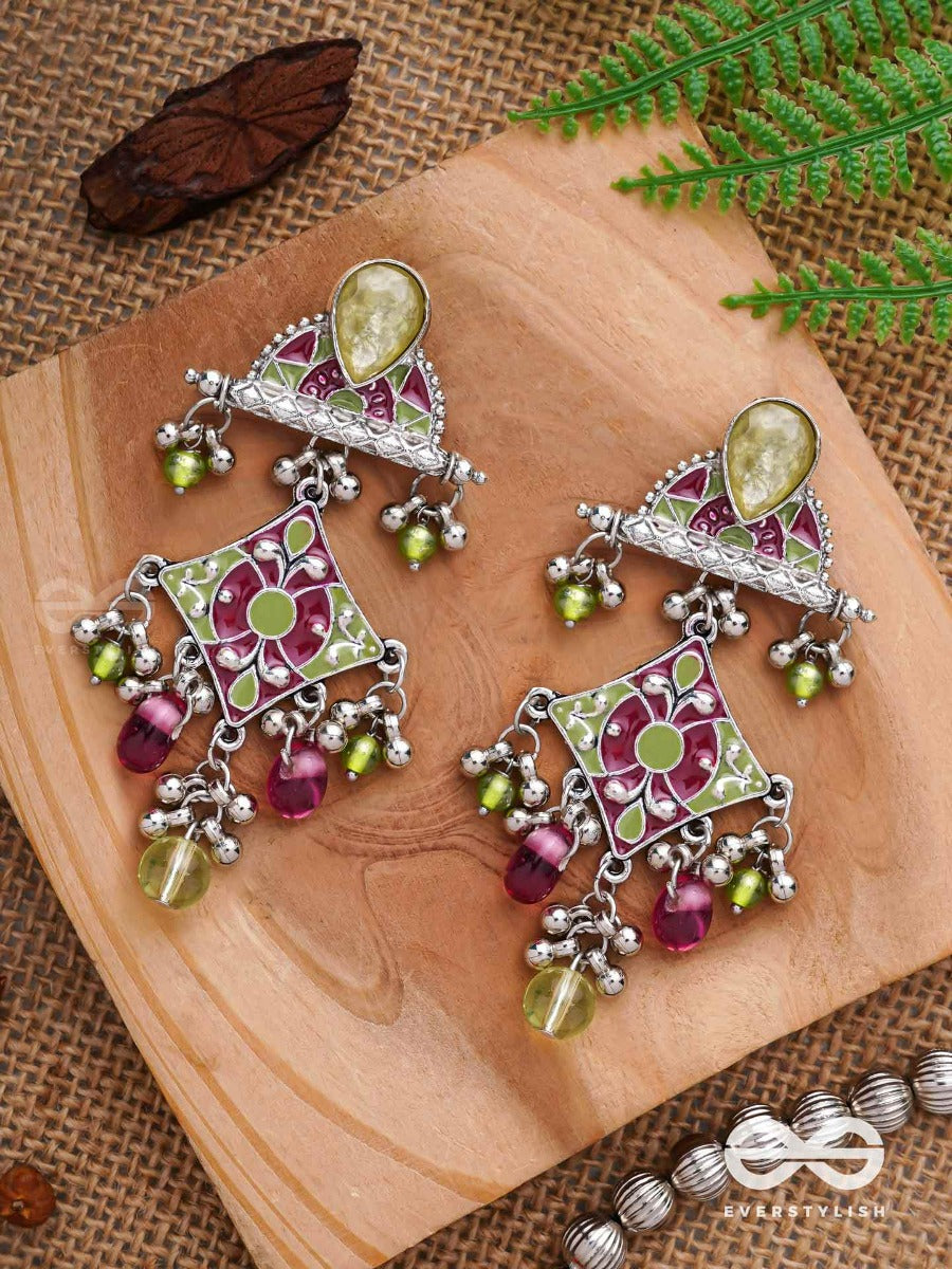 The Fresh Rubies - Stone And Glass Drops Enamelled Oxidised Jodhpuri Jhumkas