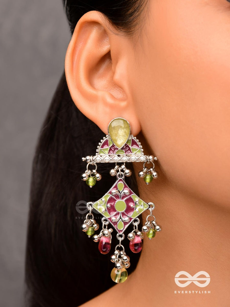 The Fresh Rubies - Stone And Glass Drops Enamelled Oxidised Jodhpuri Jhumkas