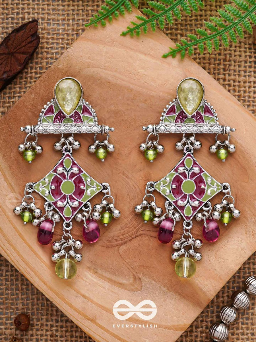 The Fresh Rubies - Stone And Glass Drops Enamelled Oxidised Jodhpuri Jhumkas