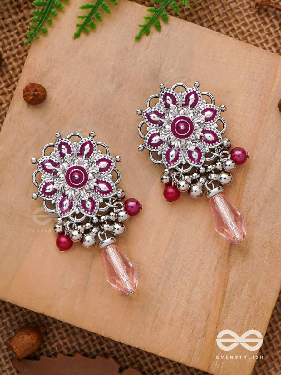 The Rosy Intricacy - Enamelled Oxidised Jodhpuri Jhumkas