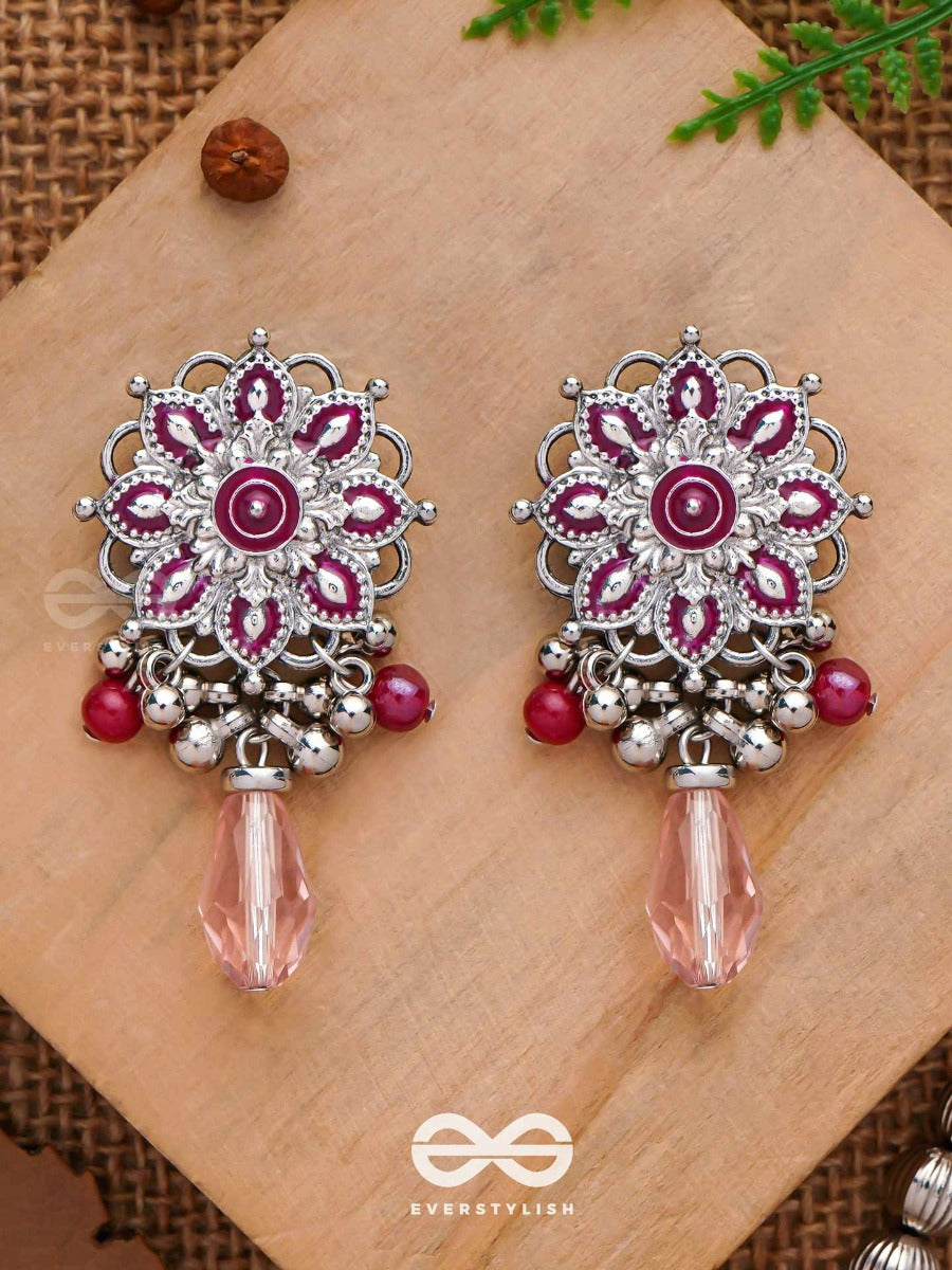 The Rosy Intricacy - Enamelled Oxidised Jodhpuri Jhumkas