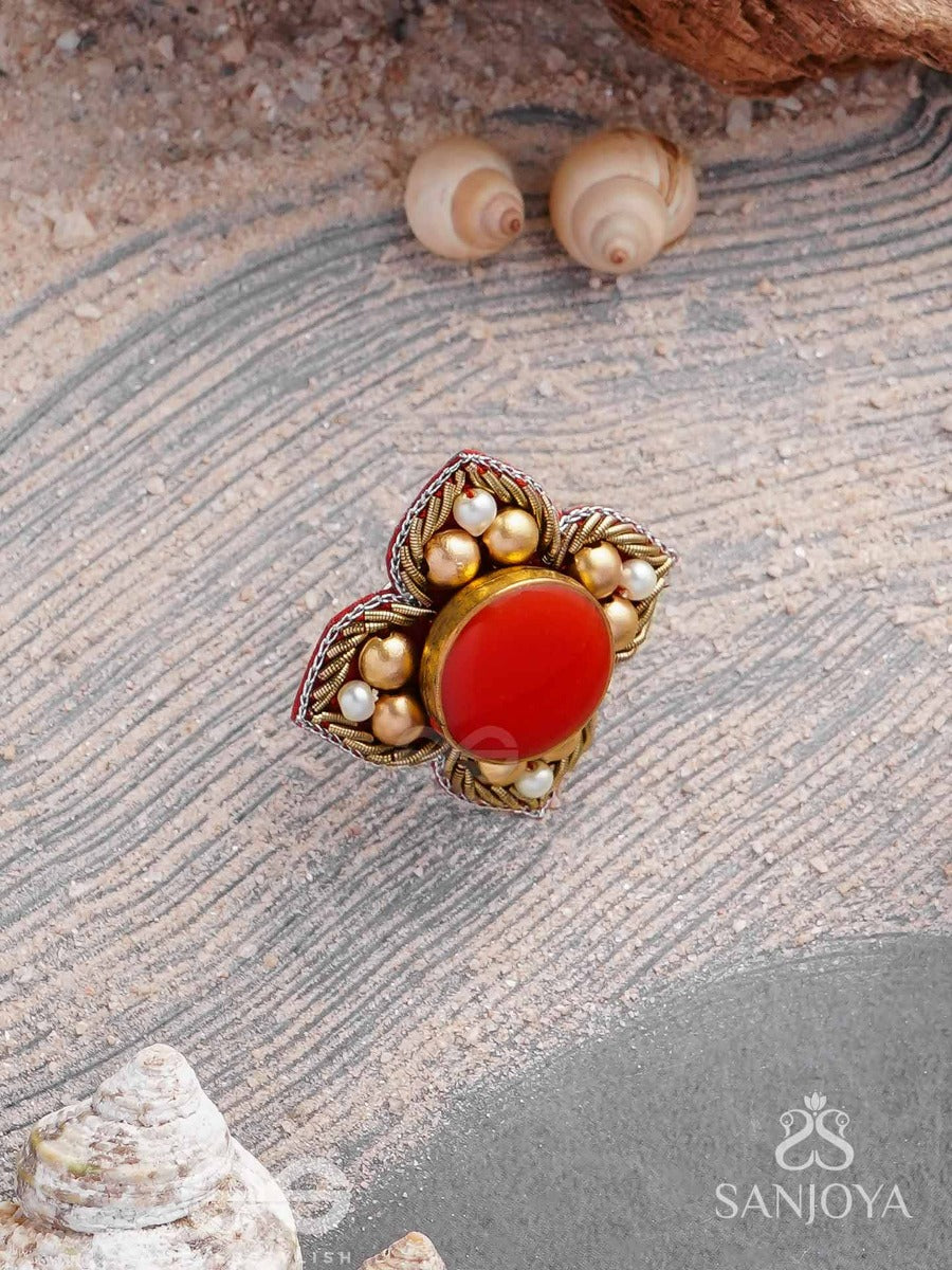 Shikhandik - The Ethereal Stone - Stone, Beads And Dabka Hand Embroidered Ring (Adjustable)