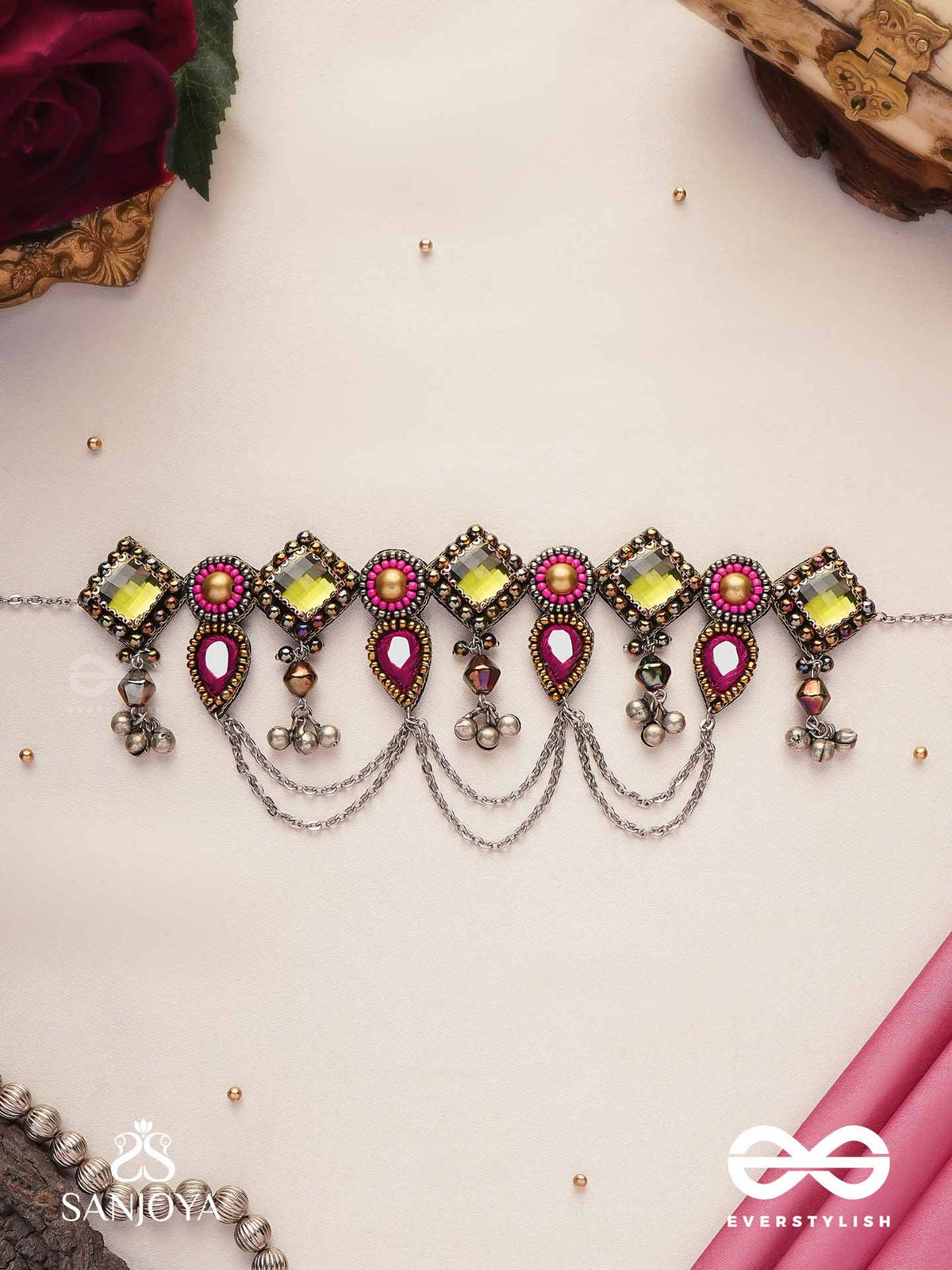 Alankarya - The Bejewelled Shalimar - Stones, Beads And Mirrors Hand Embroidered Oxidised Choker Neckpiece