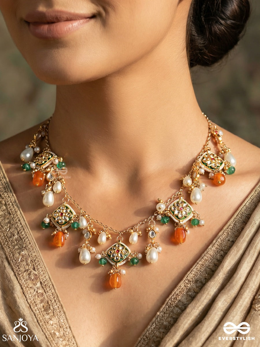 Indurashmi - Moonbeam Glow - Delicate Necklace With Subtle Gem Work And Pearl Cascade