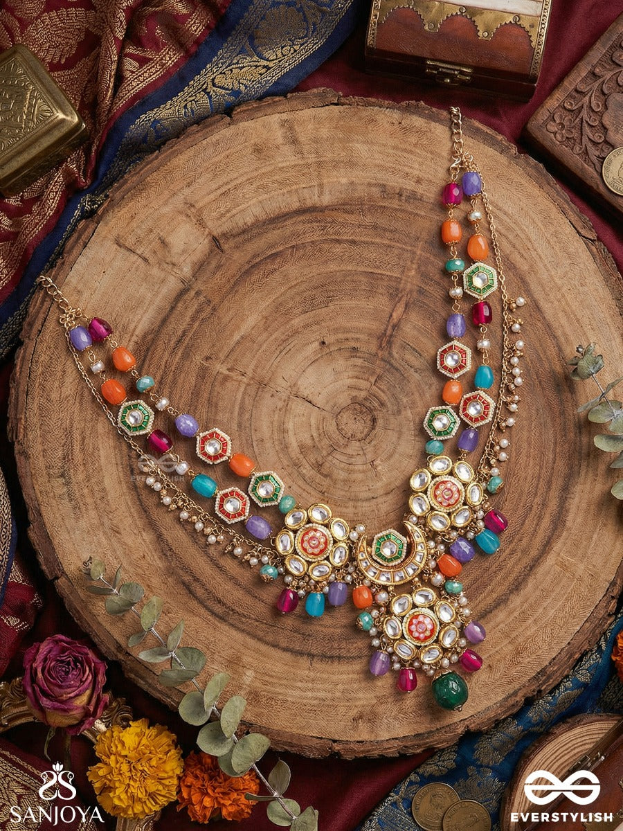 Manirangini - Jewelled Hues - Festive Necklace With Ornate Centre And Colourful Drop Details