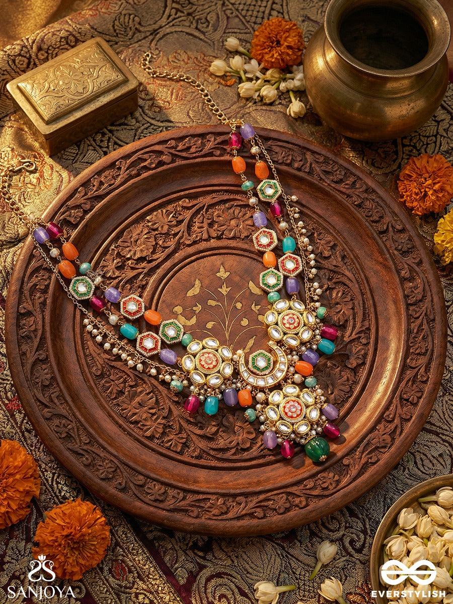 Manirangini - Jewelled Hues - Festive Necklace With Ornate Centre And Colourful Drop Details
