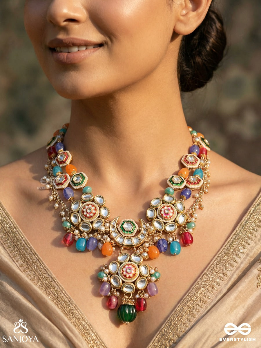 Manirangini - Jewelled Hues - Festive Necklace With Ornate Centre And Colourful Drop Details