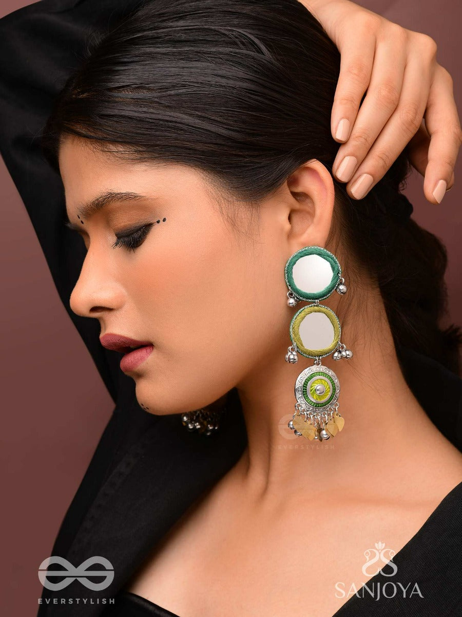 Abhatih - The Dancing Reflections - Mirrors, Resham And Beads Hand Embroidered Enamelled Oxidised Earrings