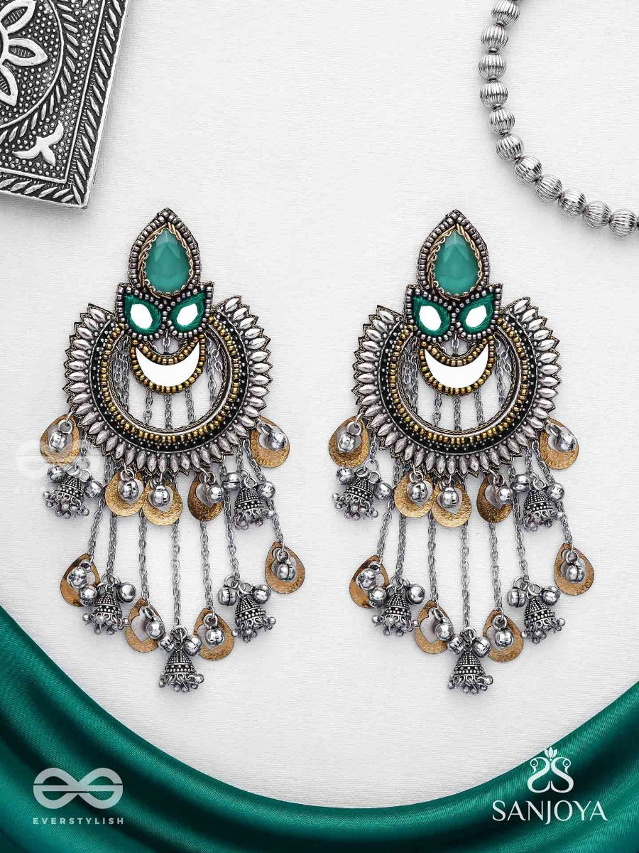 Ashtri - Deep In The Woods - Stone, Mirrors And Beads Hand Embroidered Oxidised Earrings