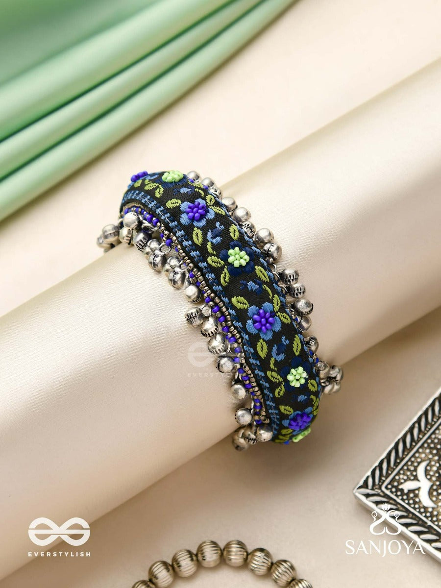 Padmacharini - The Divine Orchids - Resham And Beads Hand Embroidered Oxidised Cuff Bracelet