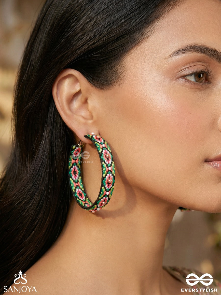 Kshitvari - The Lively Garden - Resham And Beads Hand Embroidered Hoop Earrings