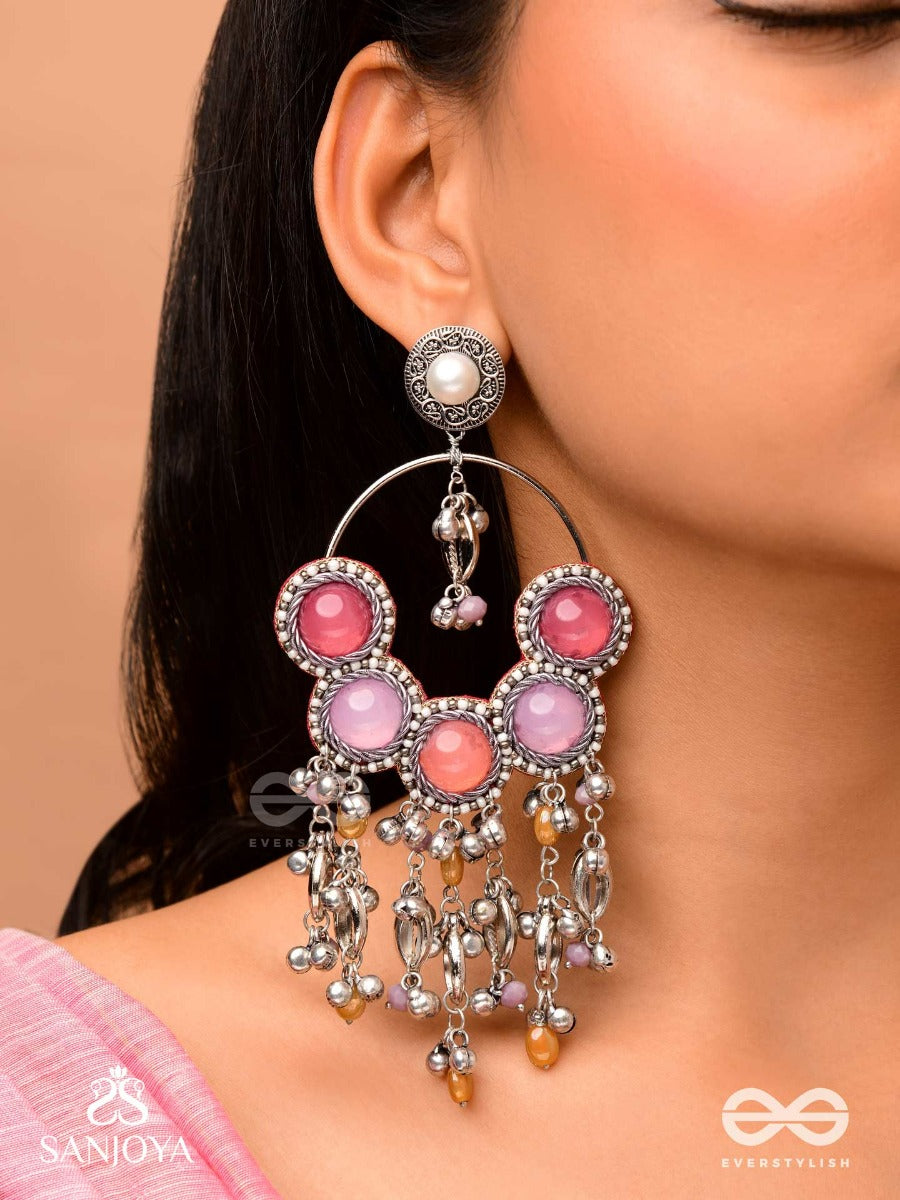 Durvarna - The Silvery Chimes - Beads, Shells And Glass Drops Hand Embroidered Earrings