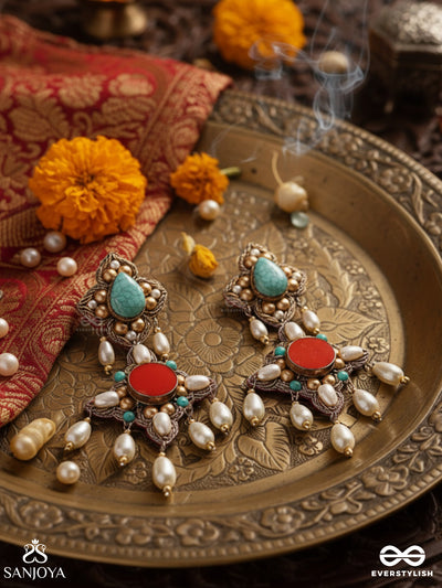 Shikhandik - The Ethereal Stone - Beads, Dabka And Pearl Drops Hand Embroidered Earrings