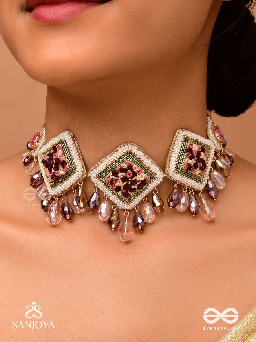 Prapushpit - The Eternal Bloom - Stones, Resham, Beads And Glass Drops Hand Embroidered Neckpiece