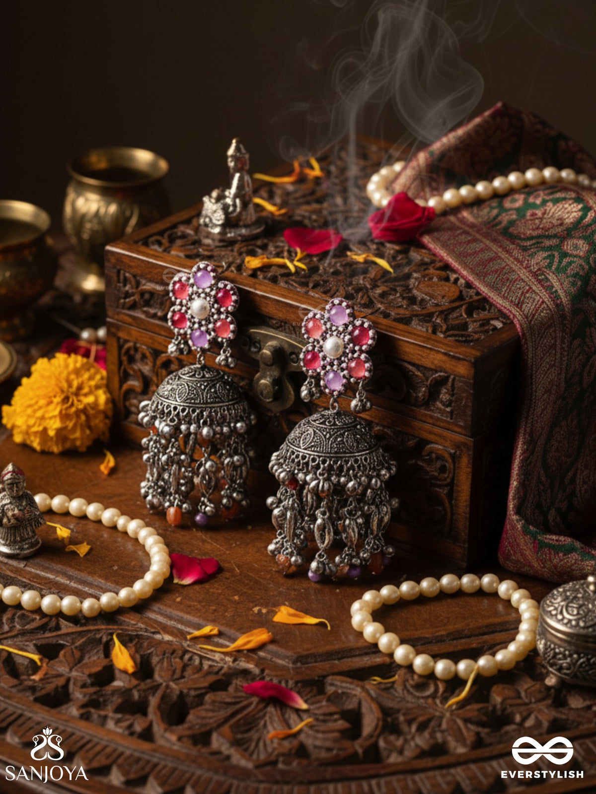 Punyodyan - The Shell Shalimar - Beads, Shells And Glass Drops Hand Embroidered Oxidised Jhumka Earrings