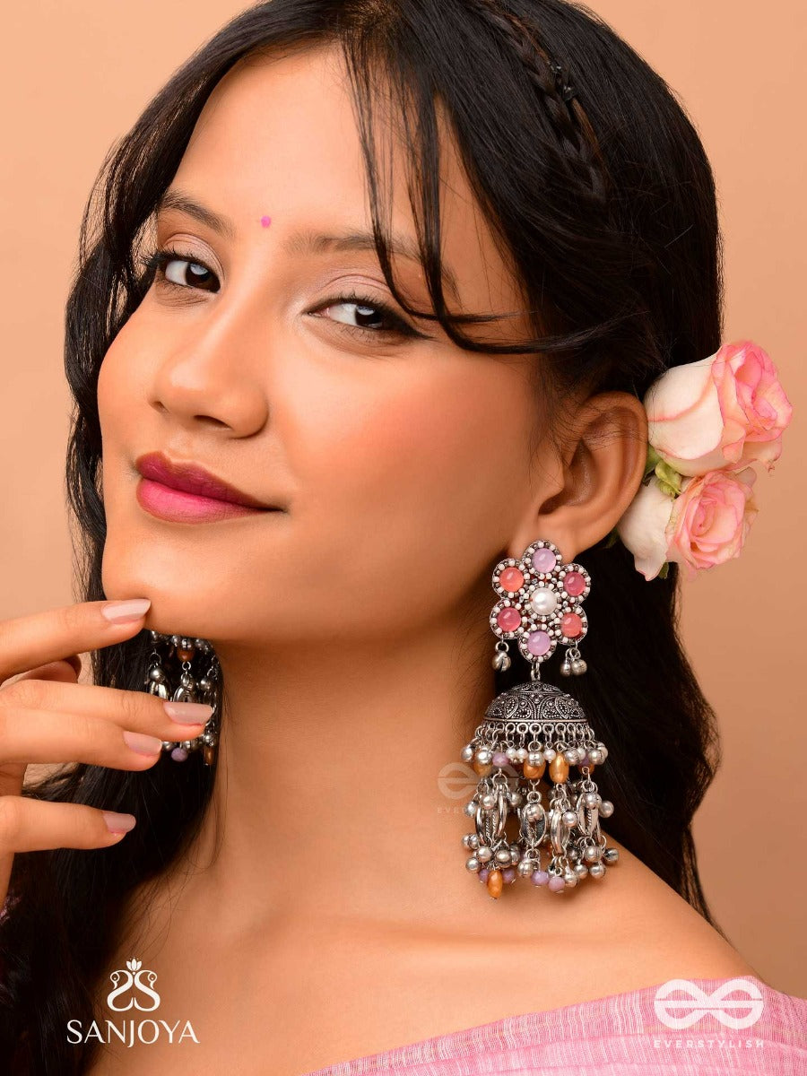 Punyodyan - The Shell Shalimar - Beads, Shells And Glass Drops Hand Embroidered Oxidised Jhumka Earrings
