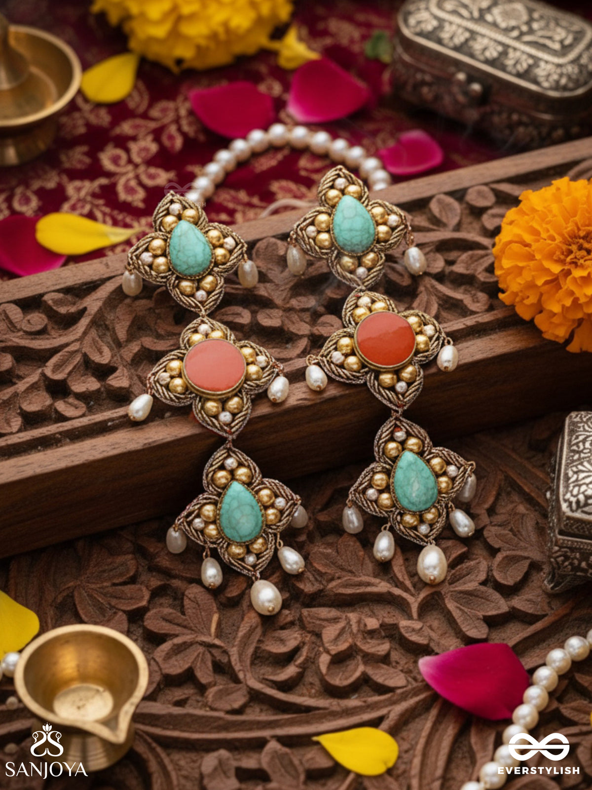 Bhritpushpa - The Floral Cascade - Beads, Dabka And Pearl Drops Hand Embroidered Earrings