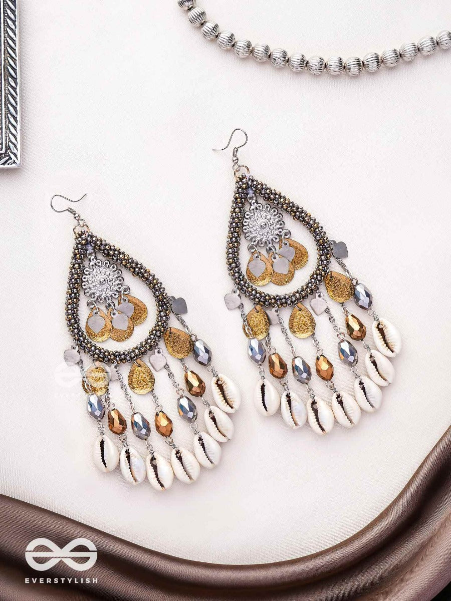 The Singing Shore - Shells, Beads And Glass Drops Hand Embroidered Oxidised Earrings