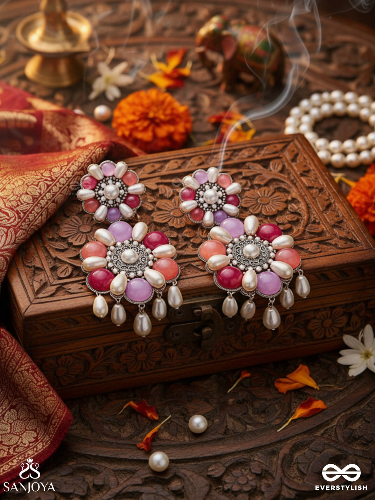 Laagnritt - Waltz Of The Flowers - Beads And Pearl Drops Hand Embroidered Oxidised Earrings