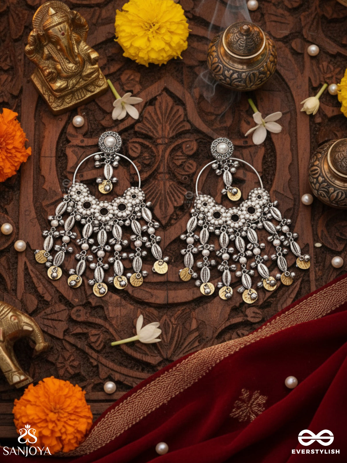 Pakshas - The Shore Craft - Shells, Beads And Coins Hand Embroidered Earrings