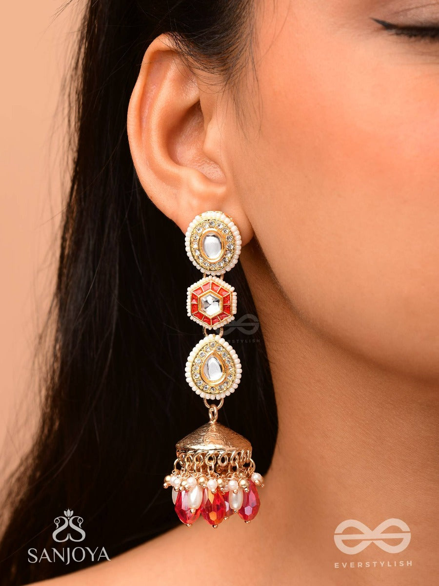 Suvarnmani - The Golden Gem -Golden Enamel Earrings Adorned With Gemstones And Dangling Beads