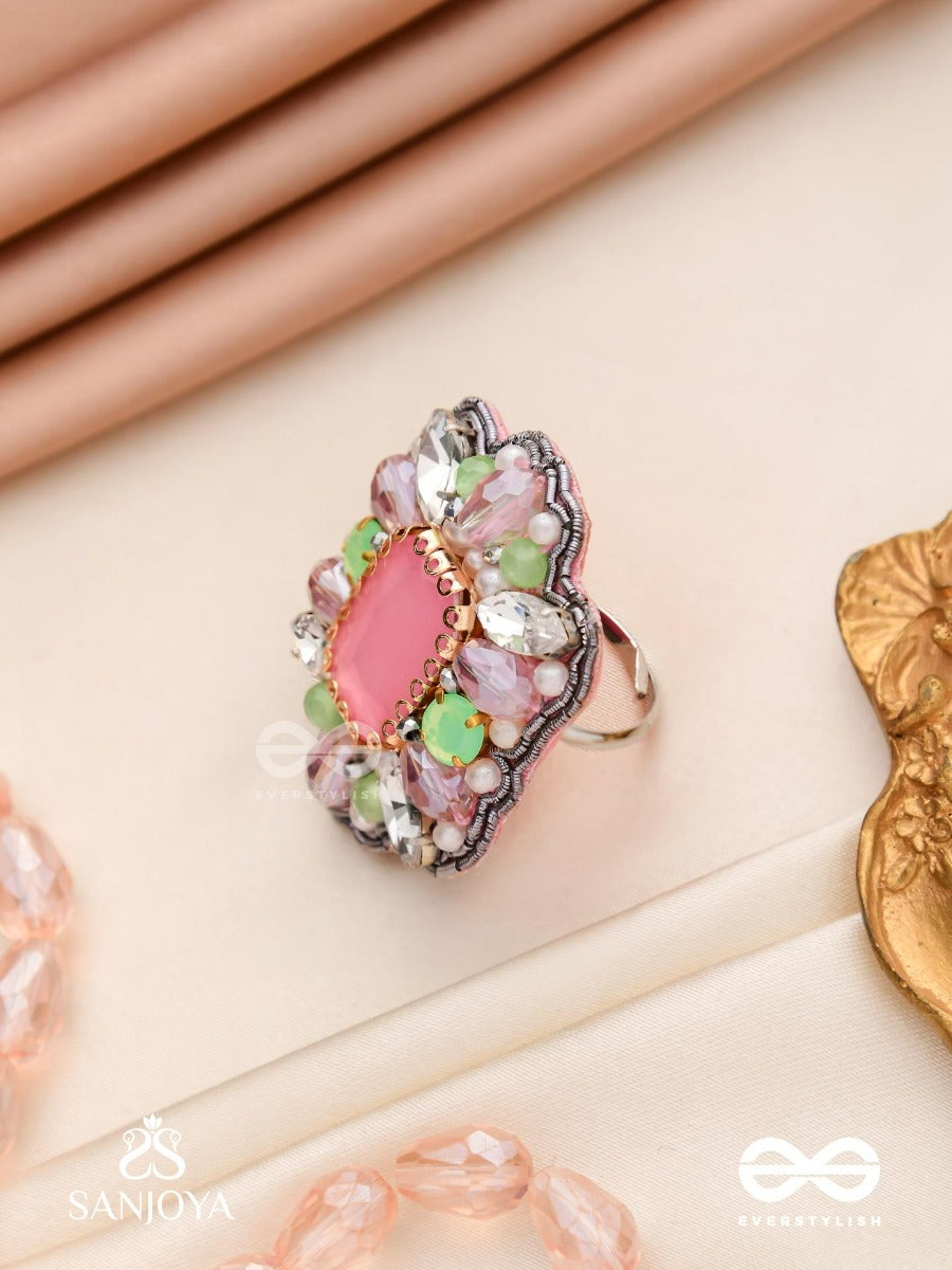Sukratmani -Well-Crafted Gem -Hand Embroidered Pink Ring Embellished With Stones And Pearls