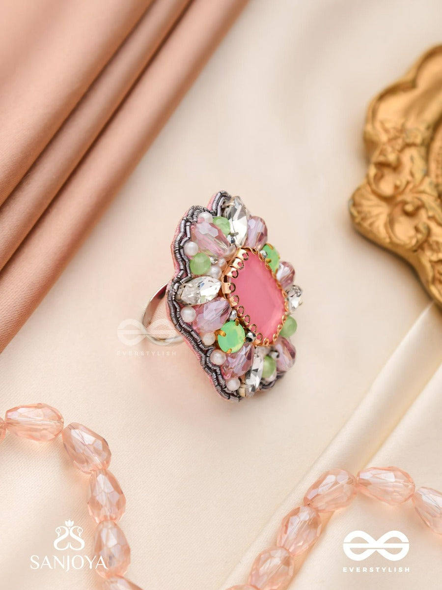 Sukratmani -Well-Crafted Gem -Hand Embroidered Pink Ring Embellished With Stones And Pearls