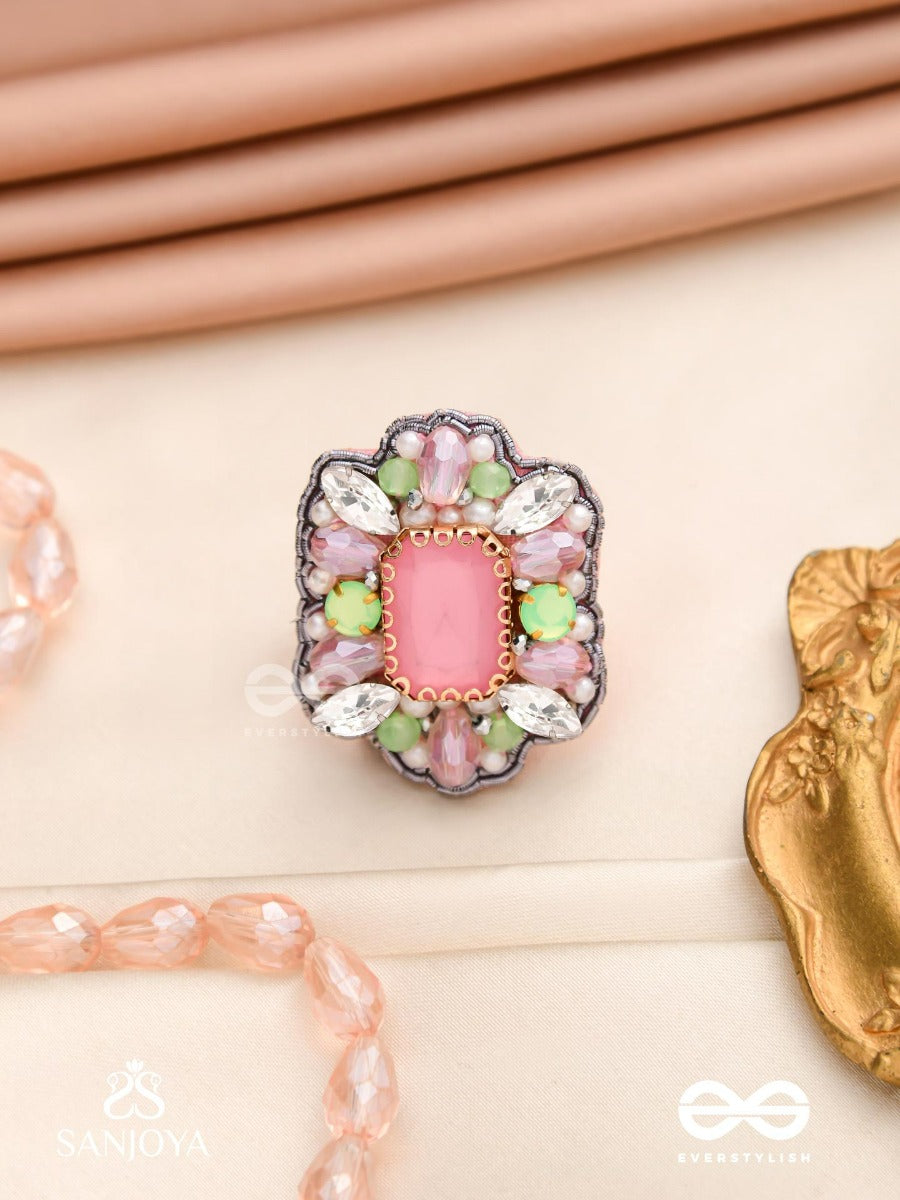Sukratmani -Well-Crafted Gem -Hand Embroidered Pink Ring Embellished With Stones And Pearls
