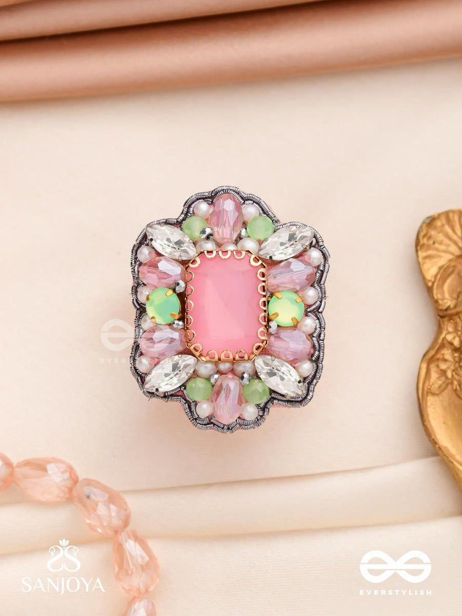 Sukratmani -Well-Crafted Gem -Hand Embroidered Pink Ring Embellished With Stones And Pearls