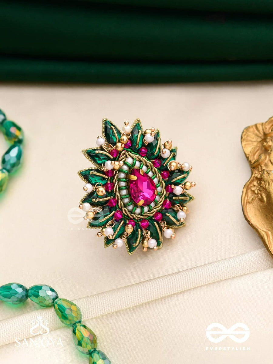 Kantara - The Charm Holder - Embroidered Flower Design With Purple Gemstone And Pearls