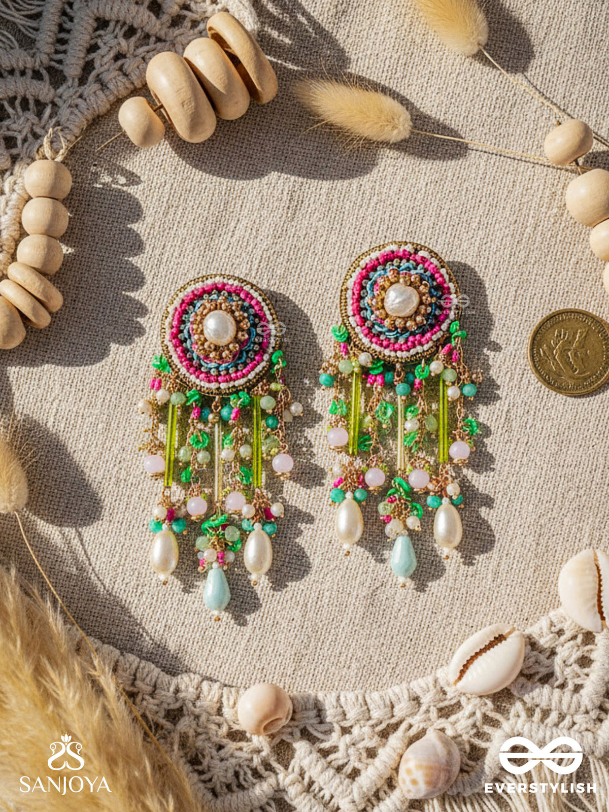Manjusumana - Beautiful Blossom - Hand Embroidered Colourful Earrings With Circular Motif Embellished With Beads And Decorative Fringes