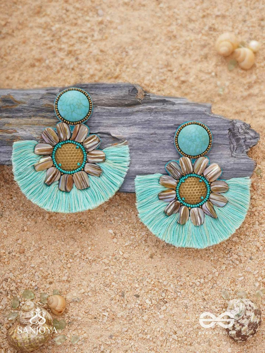 Vibhusitpuspa - The Adorned Flower - Embroidered Flower Earrings With Turquoise Tassles