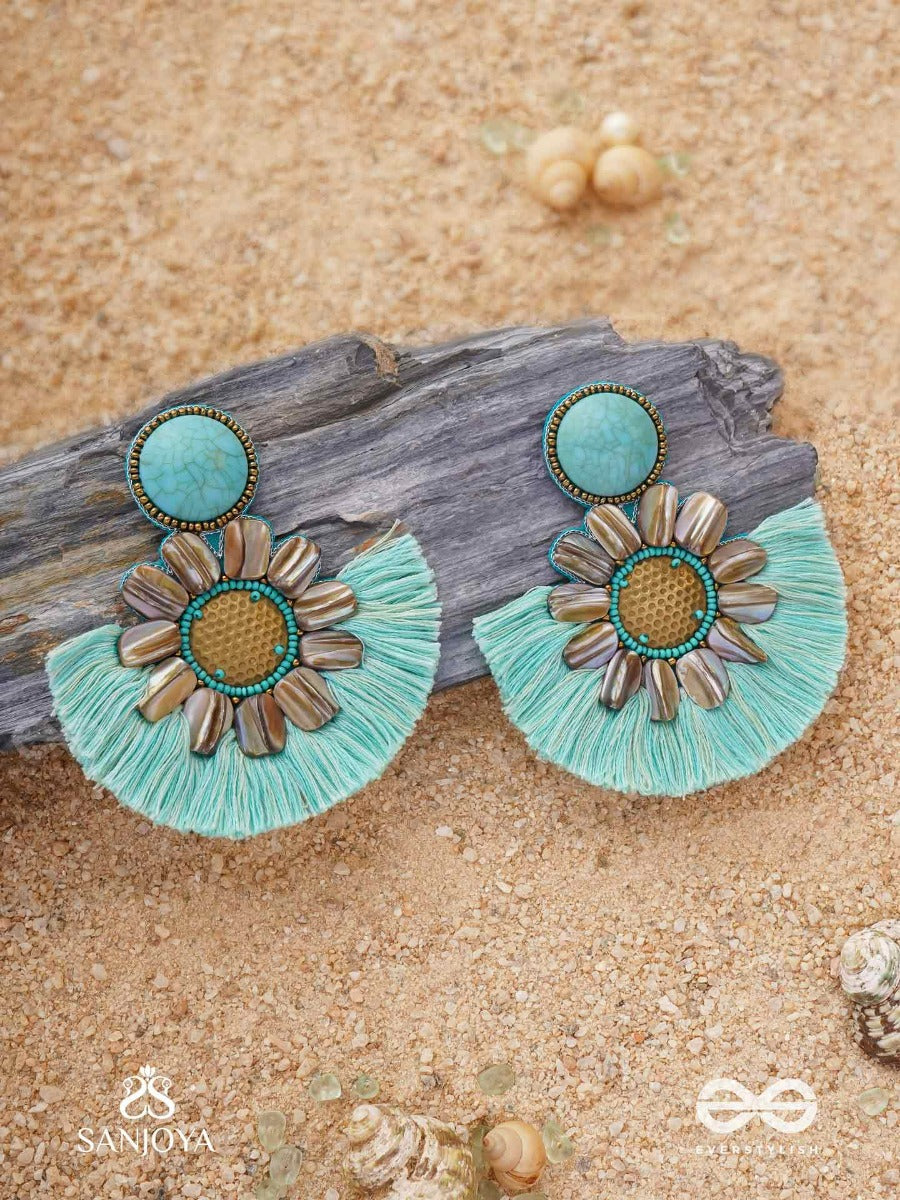 Vibhusitpuspa - The Adorned Flower - Embroidered Flower Earrings With Turquoise Tassles