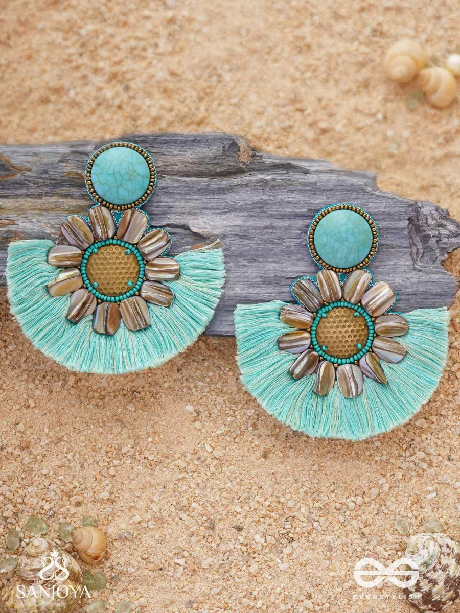 Vibhusitpuspa - The Adorned Flower - Embroidered Flower Earrings With Turquoise Tassles