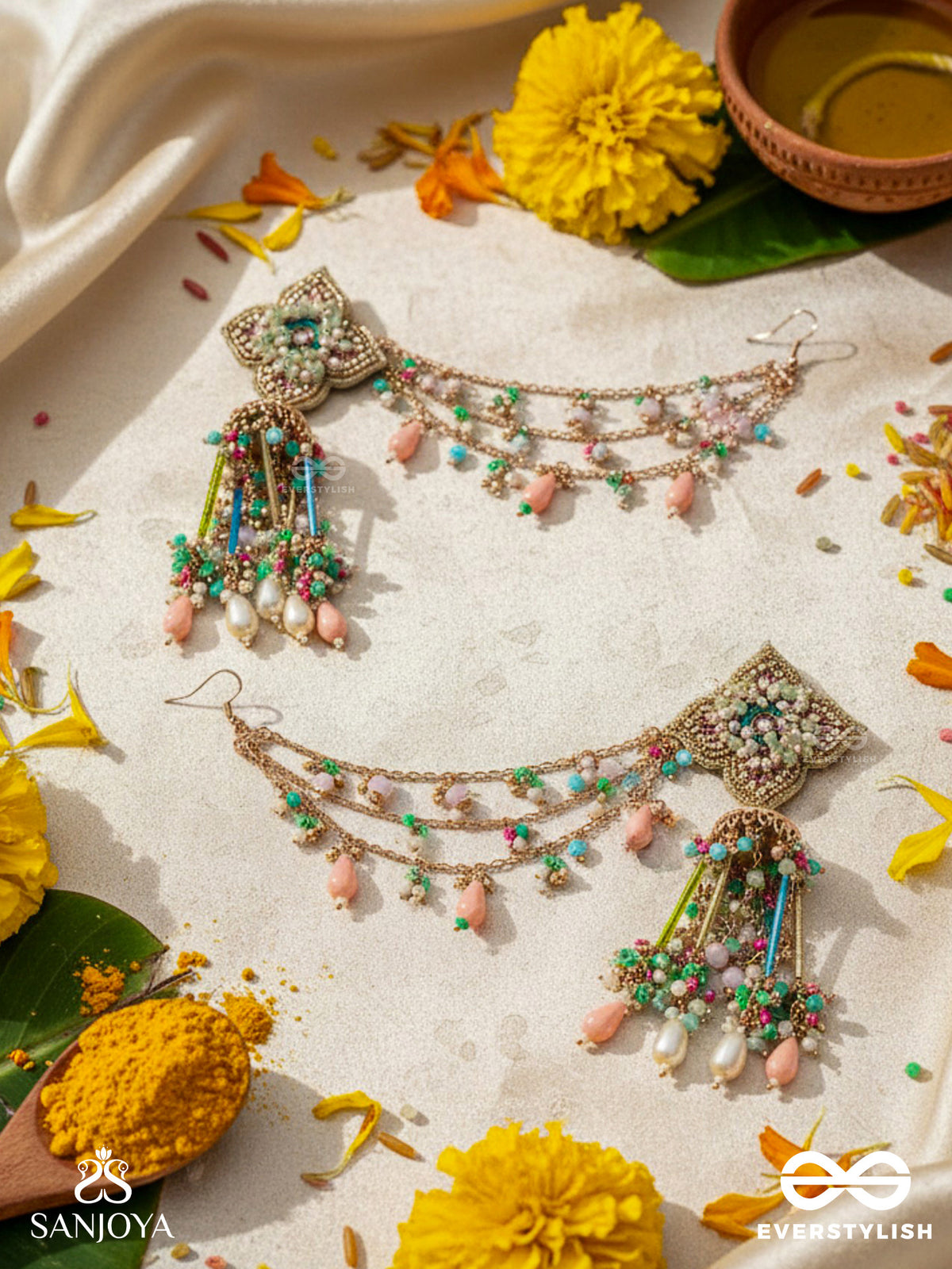 Manjusumana - Beautiful Blossom - Multiple Chain Earrings Embellished With Beadwork, A Flower Motif And Danglers