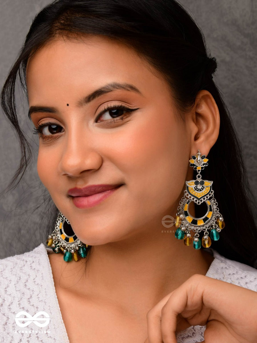 The Garland Of Gems - Statement Oxidized Jodhpuri Jhumkas With Beads