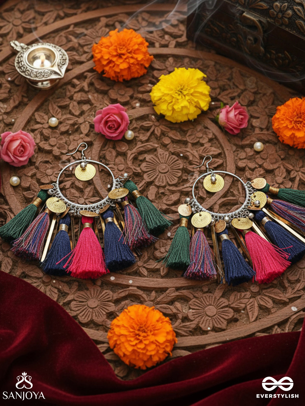Rasika - The Power Of Aesthetics - Oxidized Hoops Decorated With Multicolour Tassels