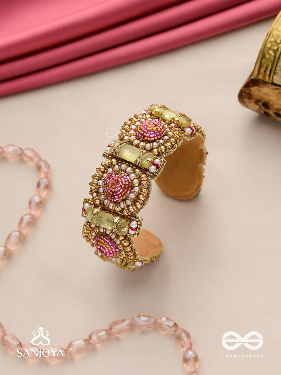 Manikarna - The Regal Gems - Pink And Golden Beads And Stones Embroidered Bracelet