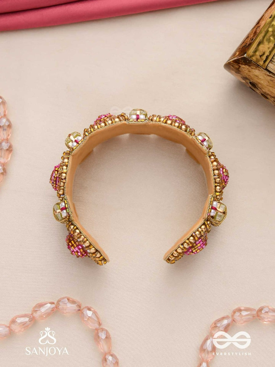 Manikarna - The Regal Gems - Pink And Golden Beads And Stones Embroidered Bracelet