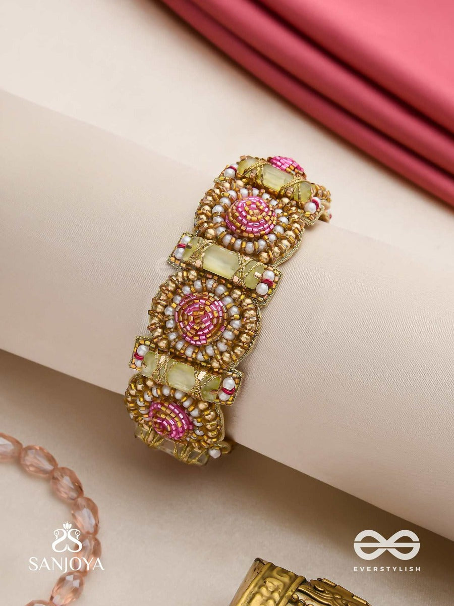 Manikarna - The Regal Gems - Pink And Golden Beads And Stones Embroidered Bracelet