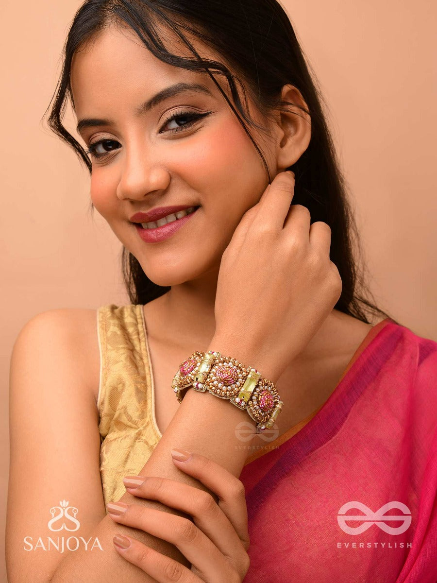 Manikarna - The Regal Gems - Pink And Golden Beads And Stones Embroidered Bracelet