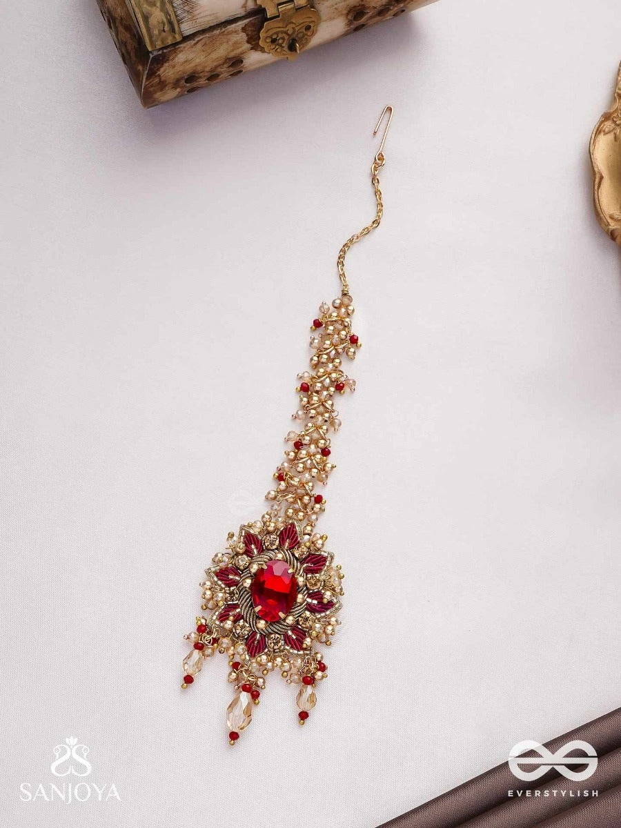 Kumudinikunda-Delicate Lotus-Embroidered Hair Accessory With A Red Stone & Golden Embellishments