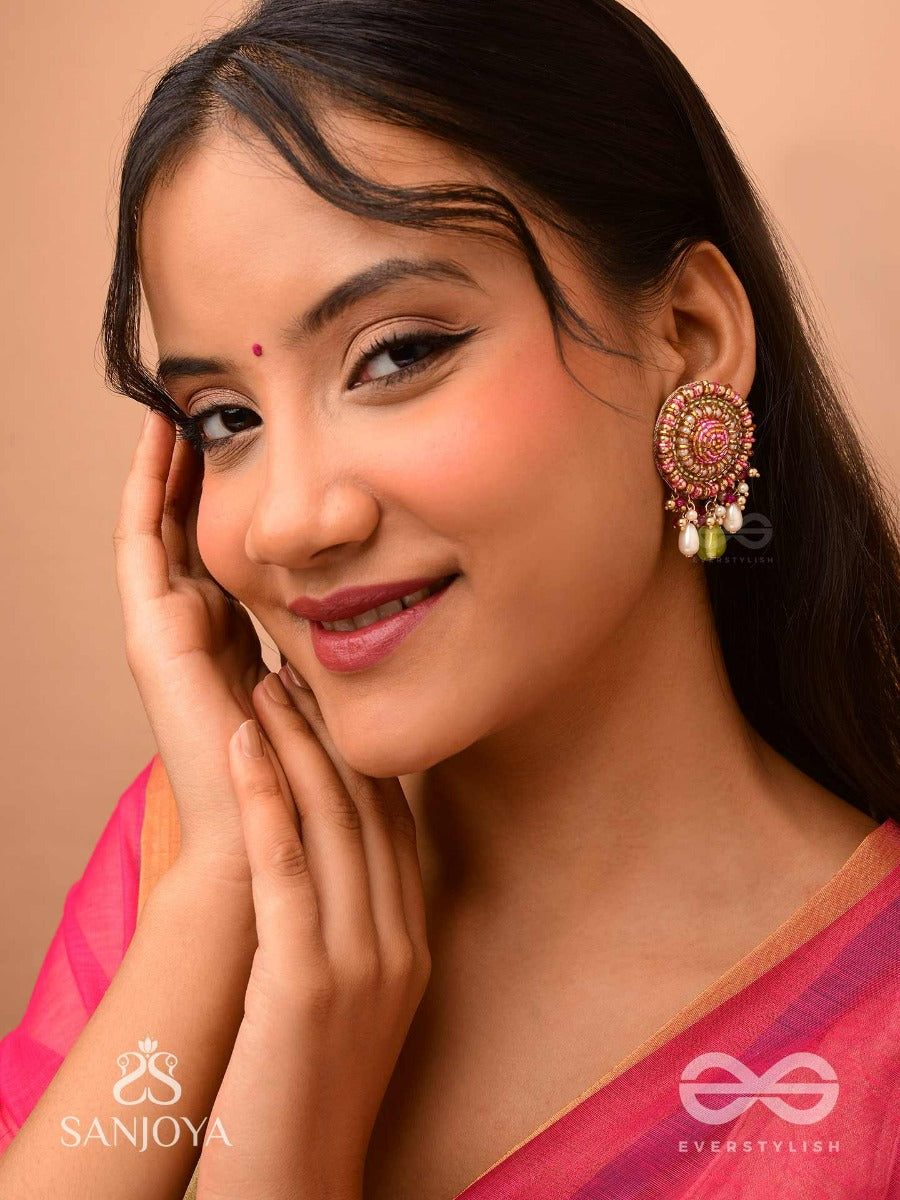 Manikyamandala- Gem Mandala-Circular Motifs Embellished With Pink And Golden Accents, Beads, And Stones