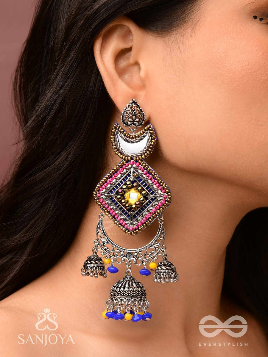 Chandrakanta-Moonstone Earrings-Statement Oxidised Jhumkas With Mirror, Beads And Thread Work